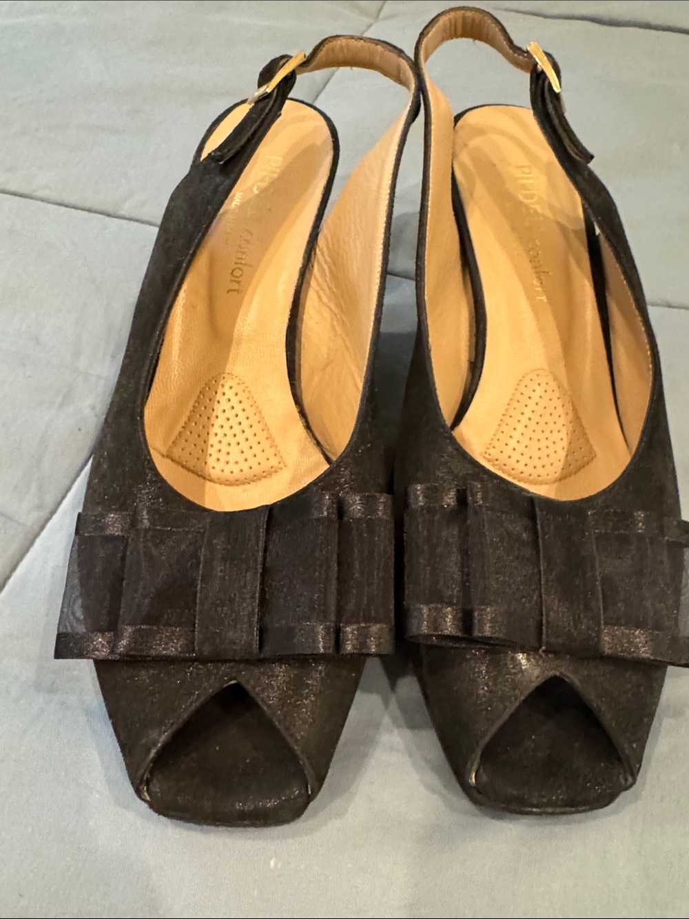 Black Peep-Toe Slingback Heels with Bow Accent